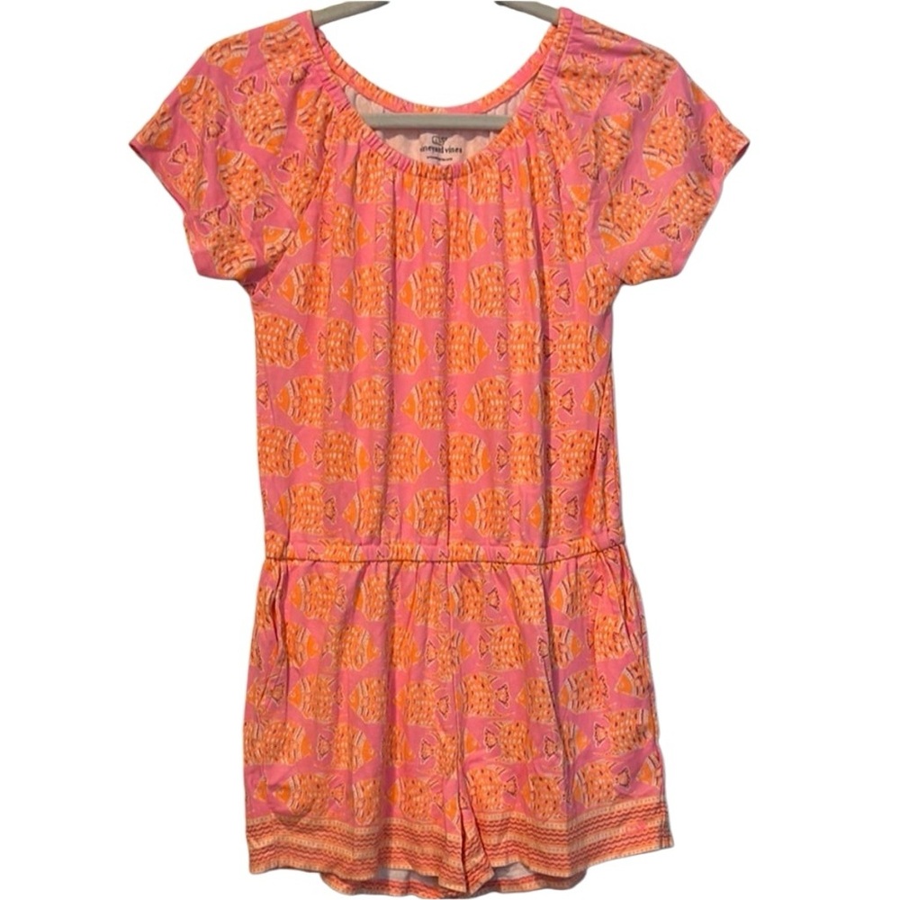 NWOT Vineyard Vines Girls Orange and Pink Fish Romper in a Size XL